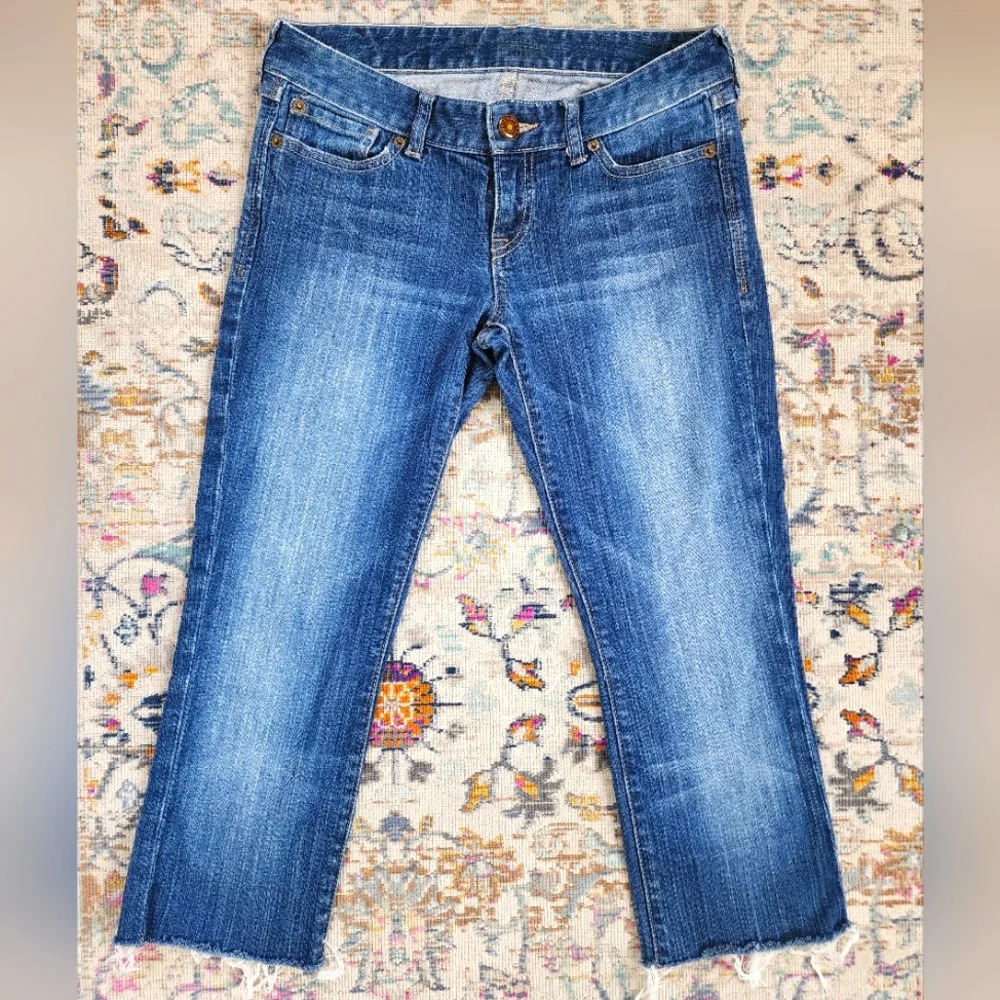 Express Crop Straight Leg Kickers Medium Denim Jeans Fringe Hem, sz 4